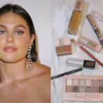 Ilona Maher wears soft pink makeup and crystal earrings beside a flat lay of Maybelline beauty products